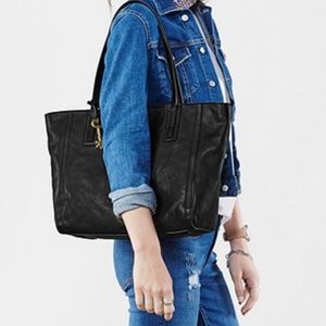 FOSSIL Emma Work Tote Bag Black Genuine Leather Vintage Purse